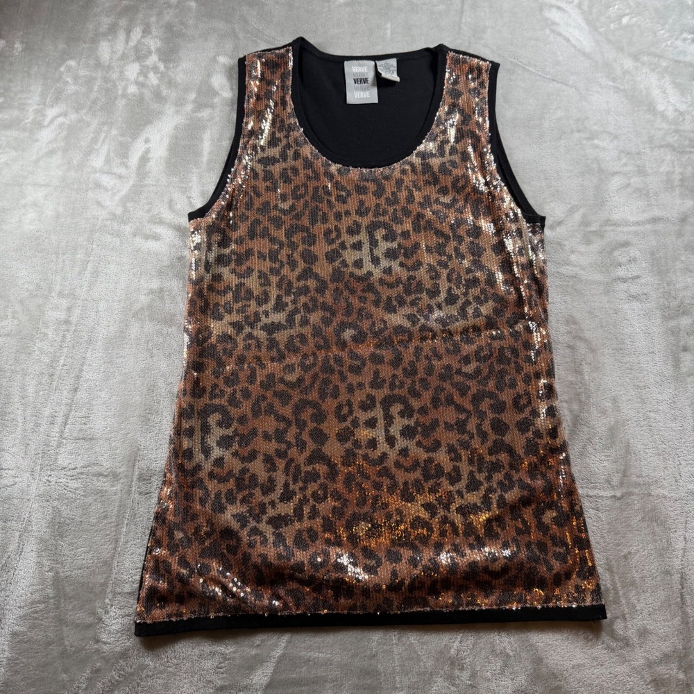 Verve Leopard Sequin Tank Top Womens L Y2K Animal Print Sparkle Party
